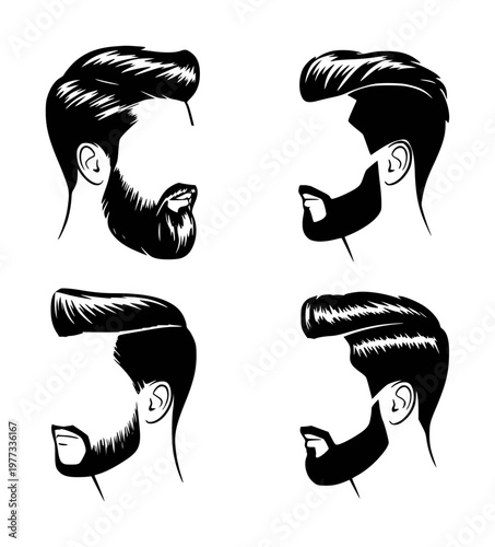 Black silhouette heads with trendy hairstyles and beards white background, male