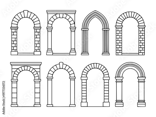 Collection of architectural arches and doorways, line entrance structure