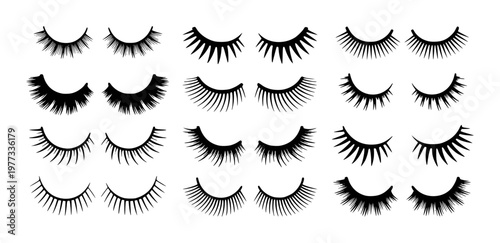 Collection of black eyelash silhouettes with closed eyes white background eyelashes