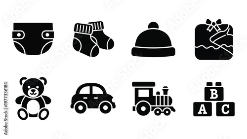 A collection of simple black silhouette icons depicting baby essentials and childhood objects including toys and clothing high quality professional detailed