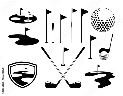 Collection of black golf balls, clubs, flags, and course white background, sport