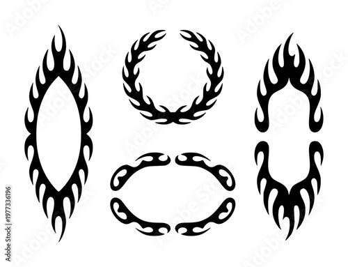 Collection of black tribal flame and borders white background, fire