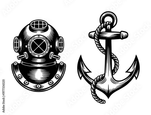 Vintage diving helmet and nautical anchor with rope, black and white engraving style