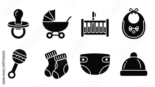 A collection of black silhouette icons depicts essential baby items including a pacifier stroller crib and clothing high quality professional detailed
