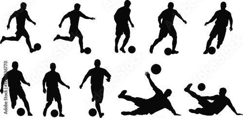 Football Players Silhouettes Kicking Sliding Match Action Sport Set