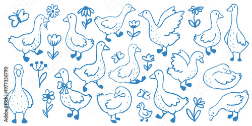 Blue hand drawn goose doodles with spring flowers and butterflies, perfect for rustic stationery and nursery decor.