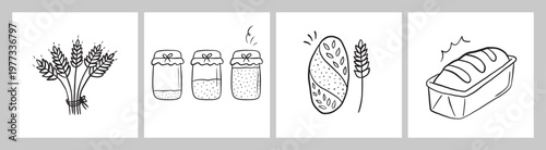 Black line art doodles of wheat stalks, sourdough starter jars, a loaf of bread, and a baking tin.