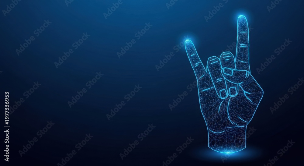 Naklejka premium Wireframe hand with glowing finger points in digital network against a dark blue background