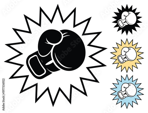 Punch, in boxing glove vector illustration, sports action symbol, boxing equipment, fighting concept, power strike, knockout motion, athlete training, competition, combat sports design, flat vector 
