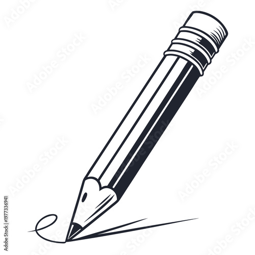 A black and white illustration of a pencil writing on paper with a heart shaped tip