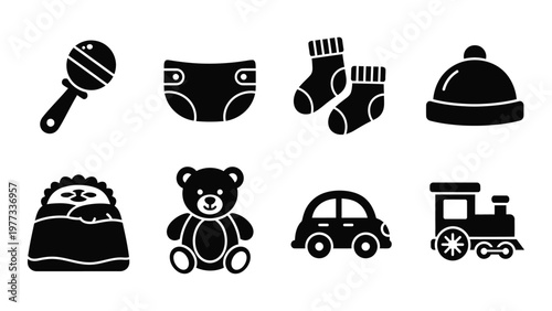 A collection of simplistic black silhouette icons representing various baby items and childhood essentials high quality professional detailed modern elegant stylish