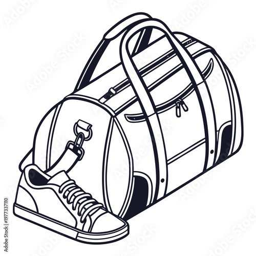 A minimalist line art illustration of a gym bag and sneaker in a simple black and white design