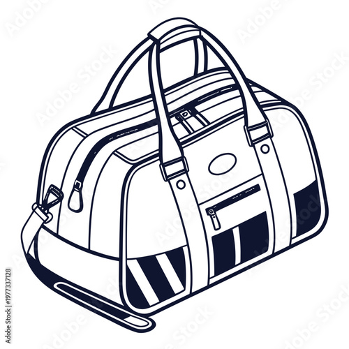 A minimalist line art illustration of a duffel bag with a sleek design