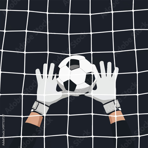 A minimalist view from behind the goal showing a goalkeeper's gloved hands reaching for a soccer ball, dramatic but clean composition, flat vector illustration, solid flat block colors,
