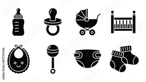 A collection of simple black silhouette icons depicting essential baby items including bottles pacifiers and clothing high quality professional detailed modern