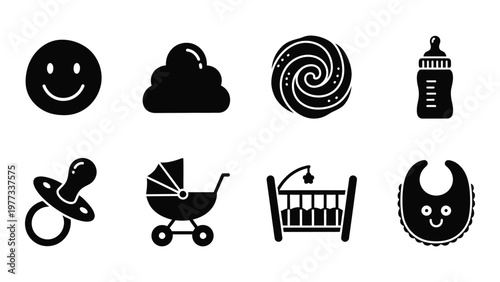 A collection of monochrome icons depicts various baby related items including a pacifier crib and bottle high quality professional detailed modern