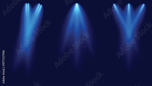 Blue spotlights beam shining on a dark stage background