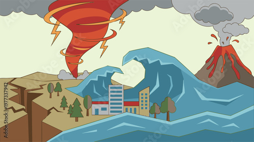 Natural Disasters Illustration with Tornado, Tsunami, Earthquake, and Volcano