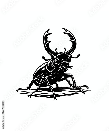 aggressive rhinoceros beetle in battle stance vector illustration