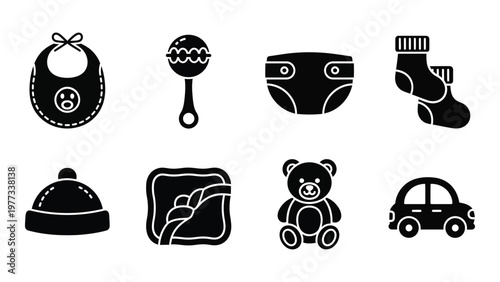 A collection of black silhouette icons depicts various baby essentials including clothing toys and care items high quality professional detailed modern