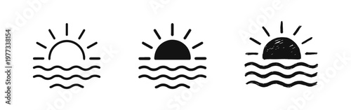 Sunset or sunrise over ocean waves icon set in different graphic styles