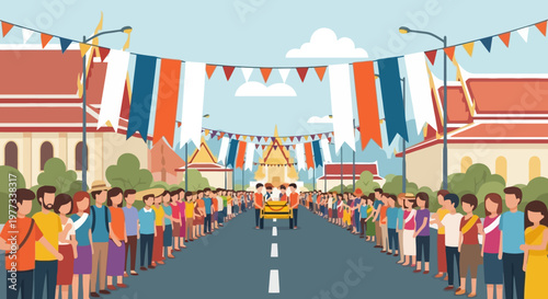 Songkran festival street parade with crowd and colorful flags in Thai town, traditional New Year celebration scene with community gathering and festive decoration illustration