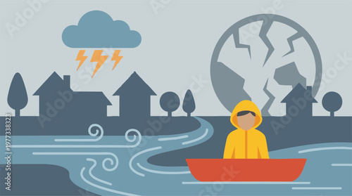 Flooded Town with Person in Boat During Storm and Cracked Earth Symbol