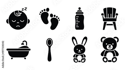 A collection of black silhouette icons depicting baby related items such as a sleeping infant toys and feeding accessories high quality