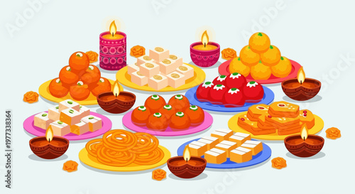 Diwali sweets and glowing oil lamps on festive plates, colorful Indian dessert assortment with ladoo barfi jalebi and celebration decorations on light background