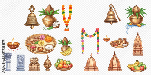 Hindu puja ceremony elements, religious offering items, and temple decorations set.