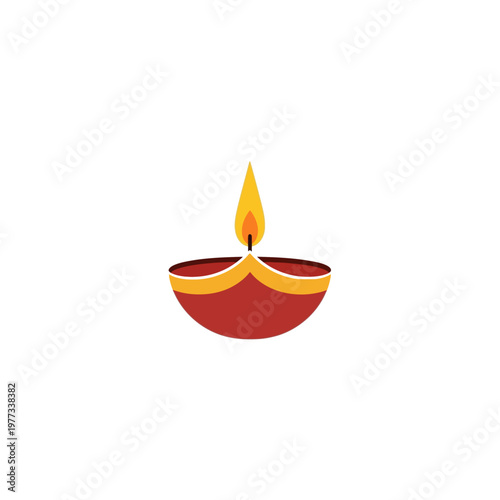 Simple Red Clay Diya Oil Lamp with Bright Yellow Flame Traditional Diwali Festival Symbol Isolated on White Background Minimal Vector Illustration
