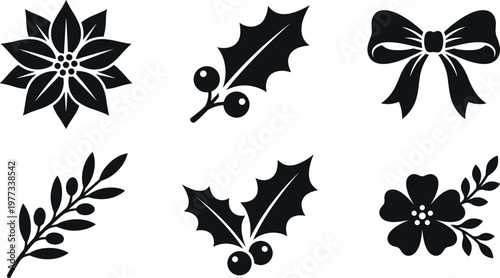 Christmas Holiday Floral Silhouette Collection Featuring Poinsettia Holly Berries Ribbon Bow Laurel Branch and Winter Botanical Decorative Elements for Festive Design