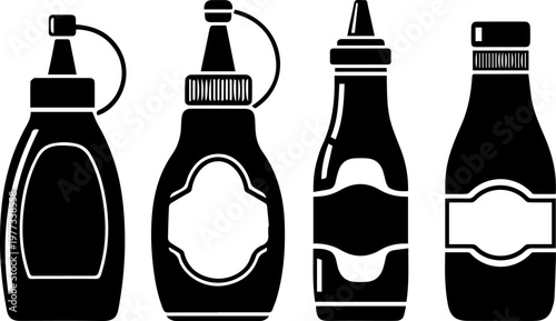 Condiment Sauce Bottle Silhouette Set Isolated on White Background