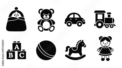 A collection of black silhouette icons depicting classic baby and toddler toys including a car train and blocks high quality professional