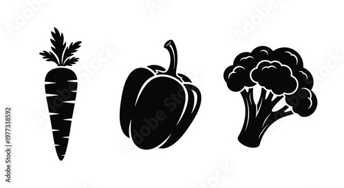 Black silhouettes of carrot pepper and broccoli on white background silhouette