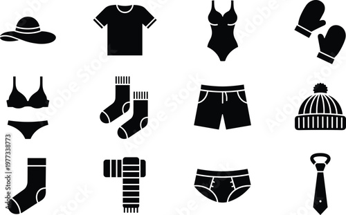 Clothing silhouette icon collection, fashion accessories grid, hats shirts swimsuits socks scarves briefs ties, black vector design, modern minimal illustration