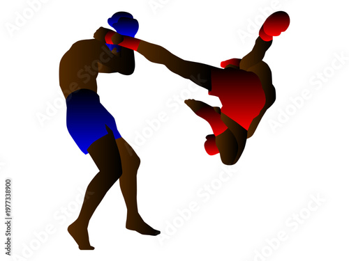 Silhouette of Muay Thai fighters engaged in a powerful spinning back kick maneuver on a white background.