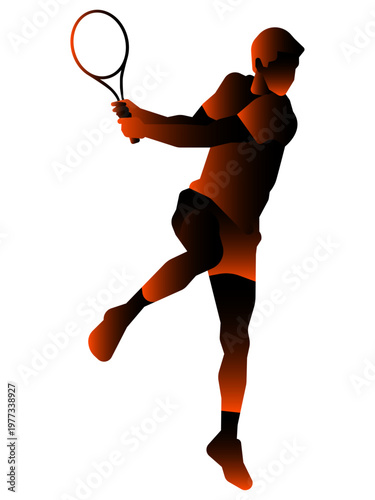 Stylized silhouette of a male tennis player hitting a powerful two-handed backhand shot, featuring a vibrant orange and black gradient on a white background.