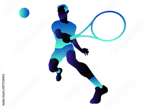Dynamic silhouette of a tennis player hitting a forehand, featuring a modern blue and teal gradient style on a white background.