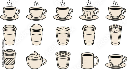 Coffee cup icons, steaming mugs, latte art, takeaway cup, ceramic cup, glass mug, hot beverage illustration, coffee culture design