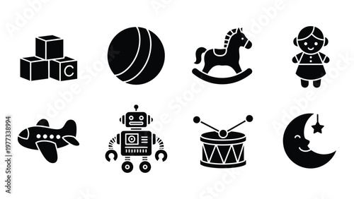A collection of black silhouette icons depicting various childhood toys including blocks a ball and a rocking horse high quality professional