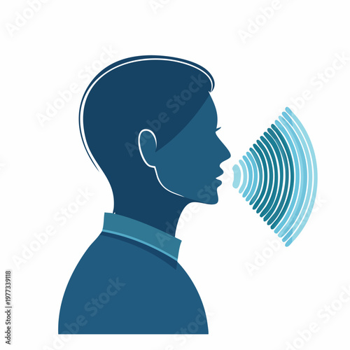 Human head silhouette with sound waves, illustrating voice command technology.