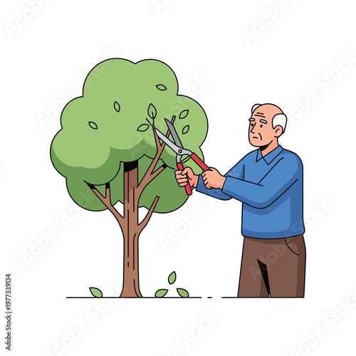 Elderly man pruning tree in cartoon style with green leaves in natural lighting for gardening
