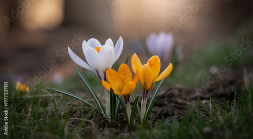 Close up of yellow and white crocus flowers blooming in the grass during the early spring season