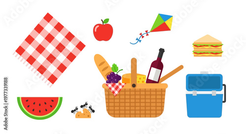 Picnic icon set with basket blanket watermelon apple kite sandwich cooler bread cheese grapes and wine, colorful outdoor summer food collection isolated on light background
