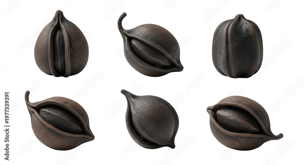 Fototapeta premium detailed studio shot of six brown seed pods with different perspectives isolated on a clean white background botanical or scientific illustration use
