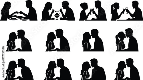 Couple silhouettes, romantic icons, love vector set, kissing illustration, dating symbols, relationship design, intimacy moments, affectionate pair, romance art