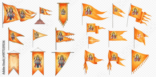 Set of Orange Hanuman Flags and Banners with Traditional Indian Motifs.