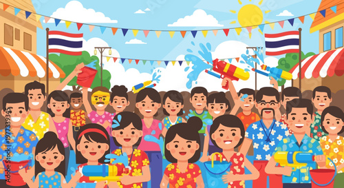 Joyful Crowd Celebrating Songkran Festival with Water Guns Buckets Splashing Water Thai Flags Sunny Street Party Happy People in Floral Shirts Vector Illustration