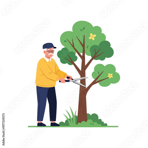 Elderly man pruning tree with large scissors in flat illustration style with vibrant colors in simple format for gardening or landscaping use